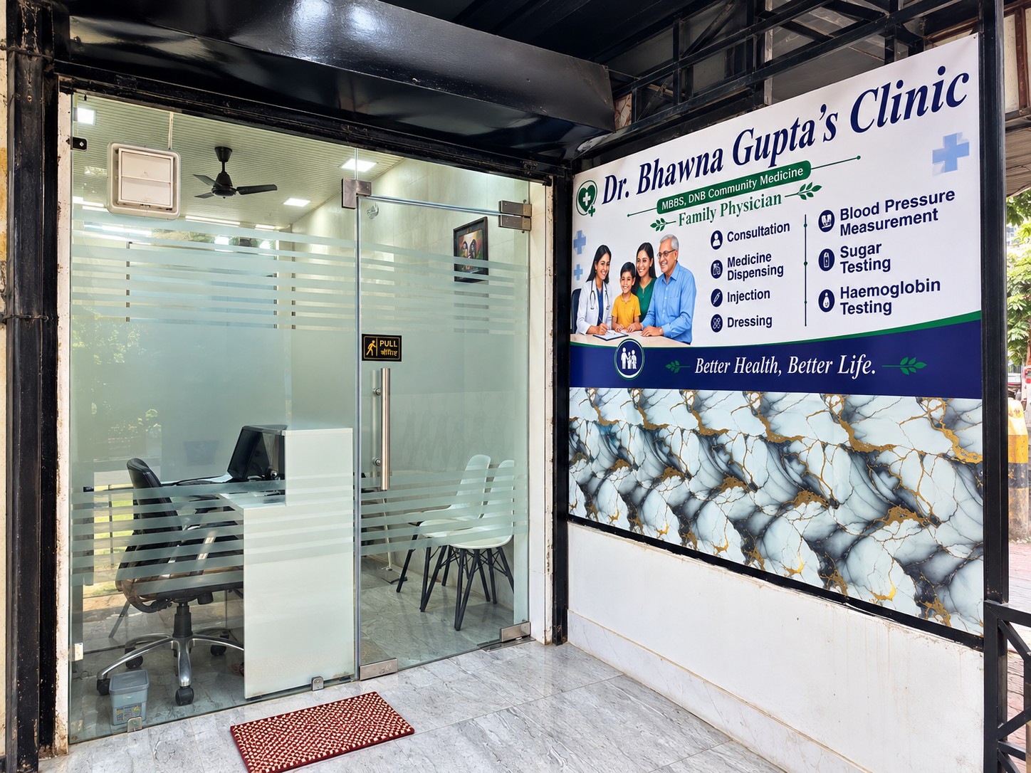 Glass entrance to Dr. Bhawna Gupta’s Clinic with services signage